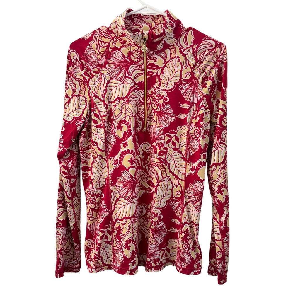 Lilly Pulitzer Meryl Nylon Quarter Zip Pullover Red Floral Tropical Size M